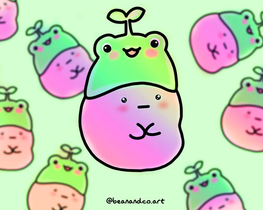 Holographic/rainbow Frog bean sticker- 5cm gloss sticker- cute frog bean