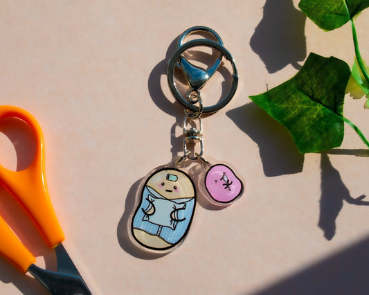 CFS/ME 1.5" acrylic charm keyring/keychain- lobster hook clasp and mini spoonie bean charm. Chronic fatigue syndrome awareness