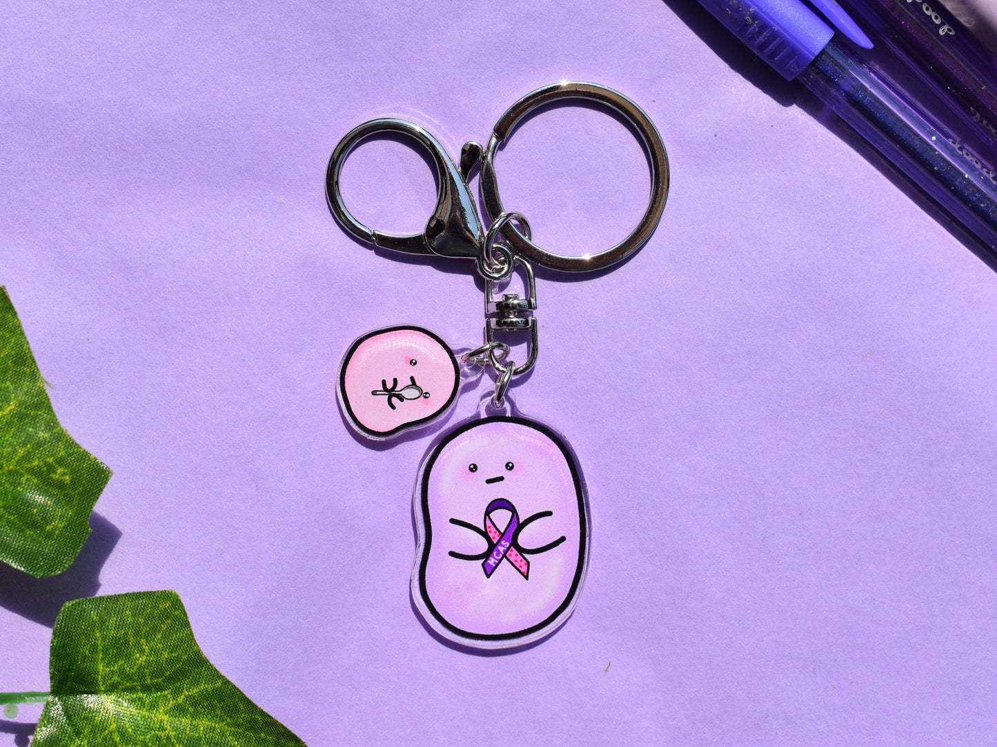 MCAS awarnesss bean 1.5" acrylic charm keyring/keychain- lobster hook clasp and mini spoonie bean charm